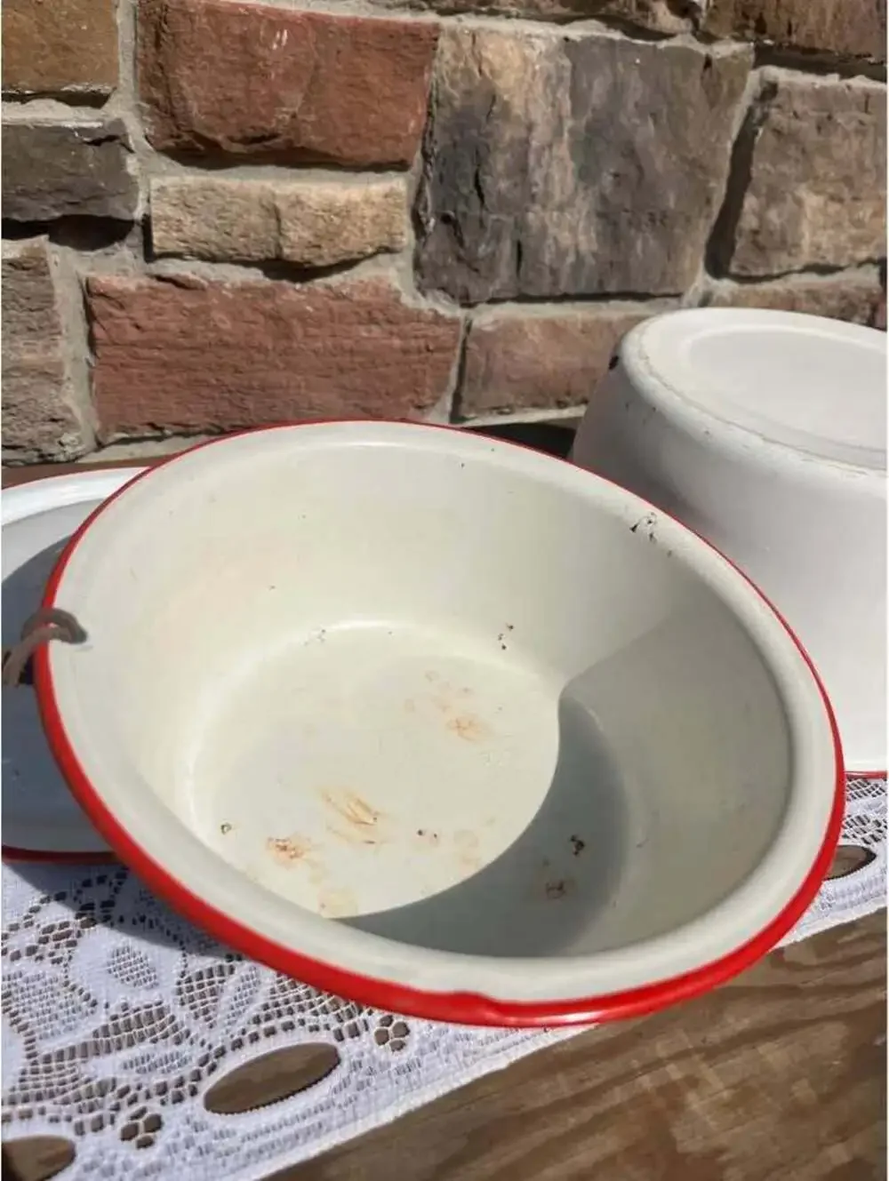 Vintage White Enamelware Pot with Lid & Basin Set Red Trim Farmhouse Cookware